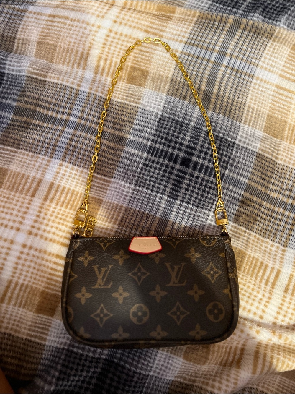 Louis Vuitton Monogram Mini Bag in Brown with Gold Chain and Red Trim